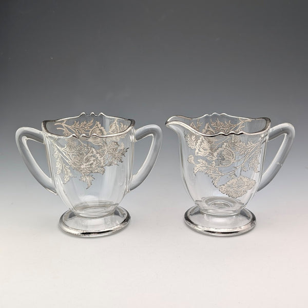 米国ヴィンテージ シルバーオーバーレイ シュガーボウル&クリームジャグ Silver City Glass Co